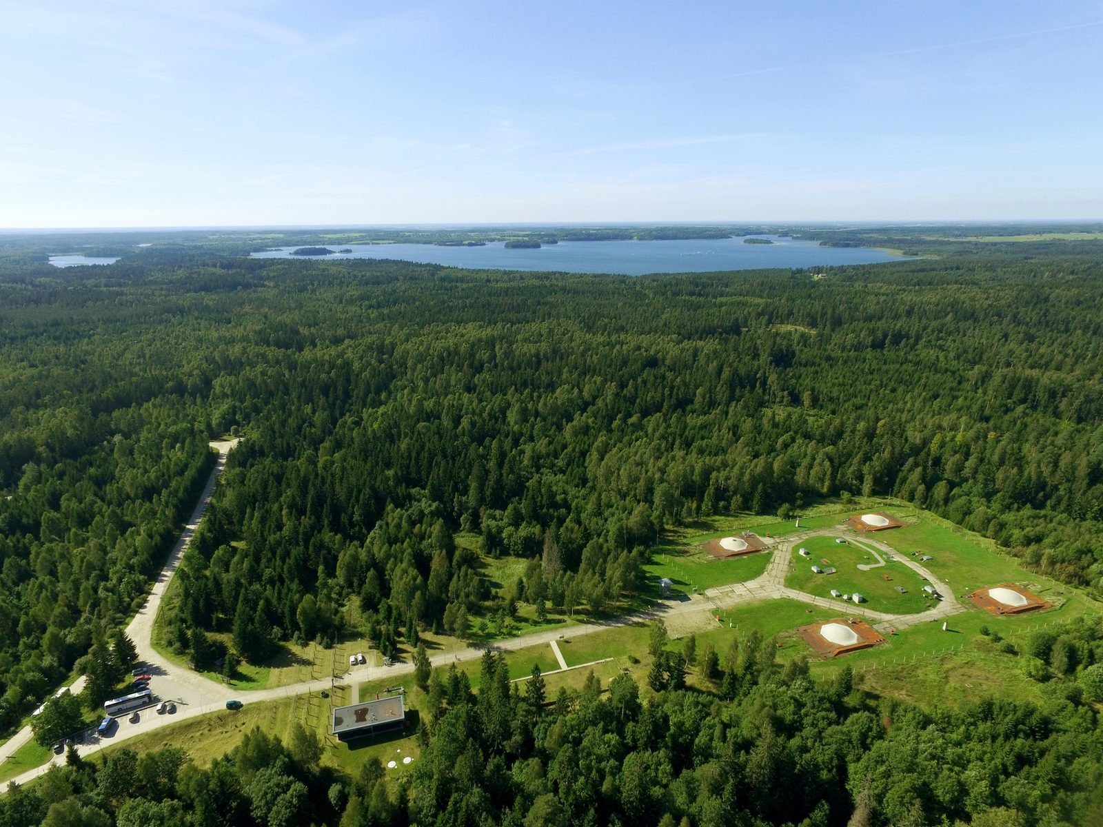 Plokštinė Cold War Museum missile-base complex and the surrounding forest, photographed from above