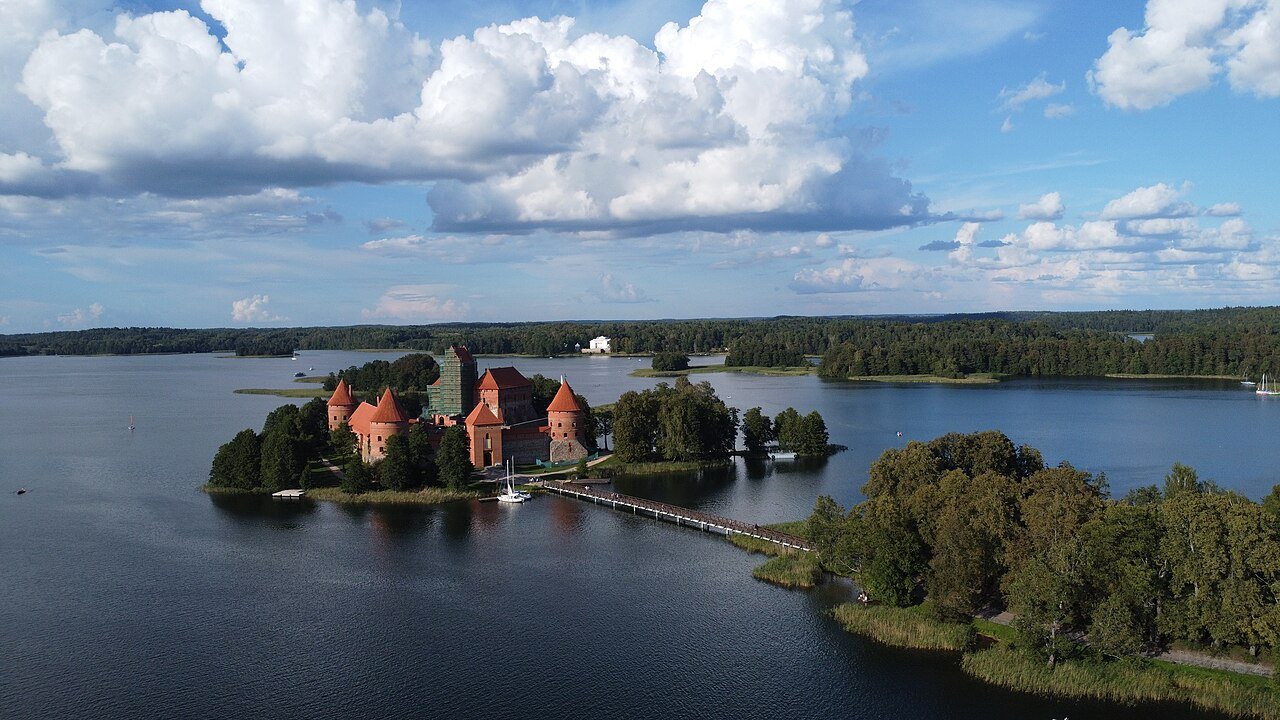 Aerial view of Trakai Island Castle and Lake Galvė in summer