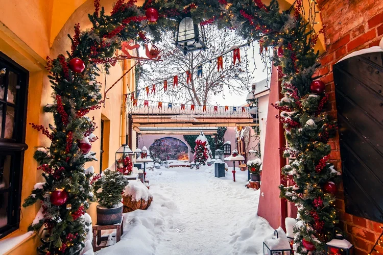 Snowy Christmas courtyard in Vilnius