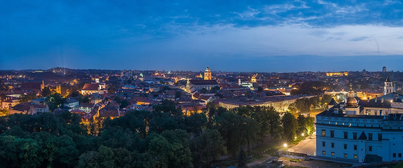 Vilnius Old Town skyline at dusk viewed from Gediminas Tower