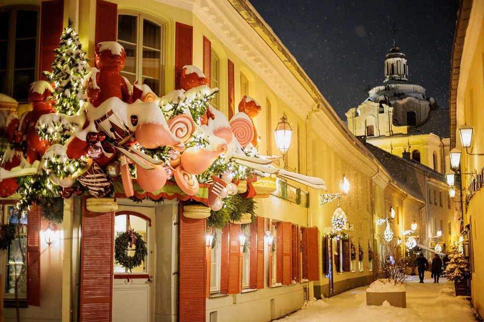 Snowy decorated Vilnius Old Town street at Christmas