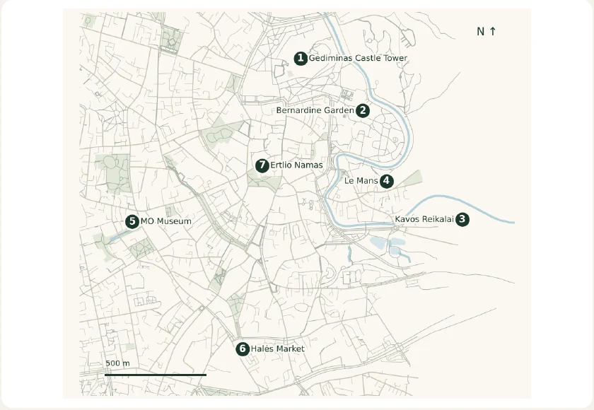 Vilnius on foot numbered route diagram